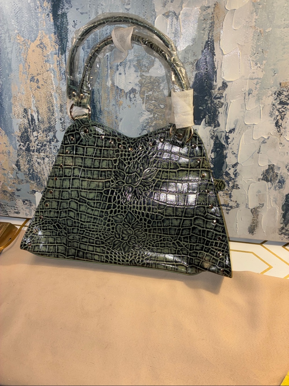 NEW  Charlie Lapson Green Croc-Embossed Floral  Leather Green Satchel